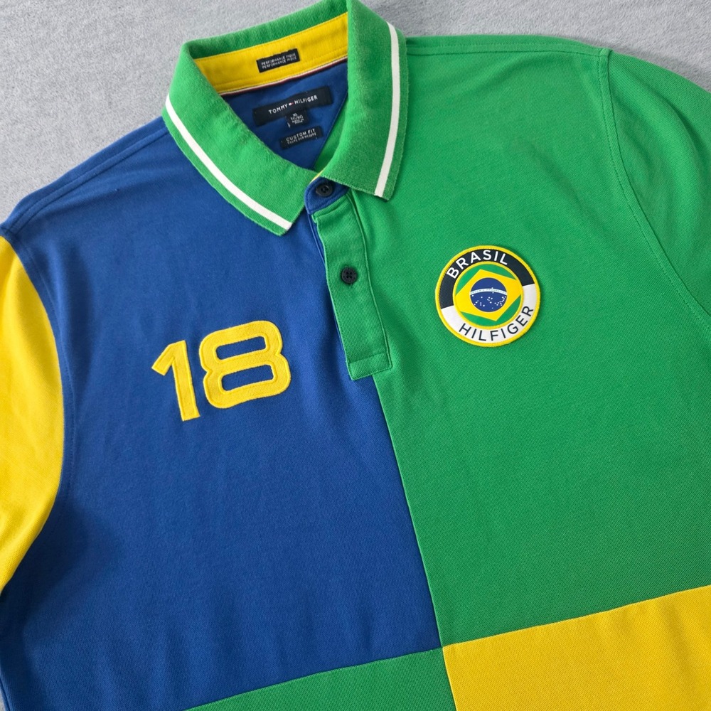 Tommy Hilfiger Brasil Polo Shirt Mens XL Custom Fit Colorblock Green Blue Yellow